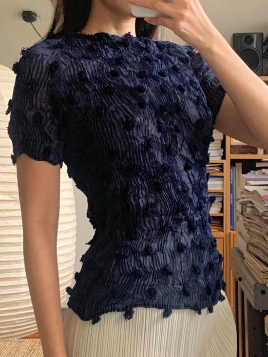 Issey Miyake Tops - Issey Miyake Pom Pom Top in Dark Navy M